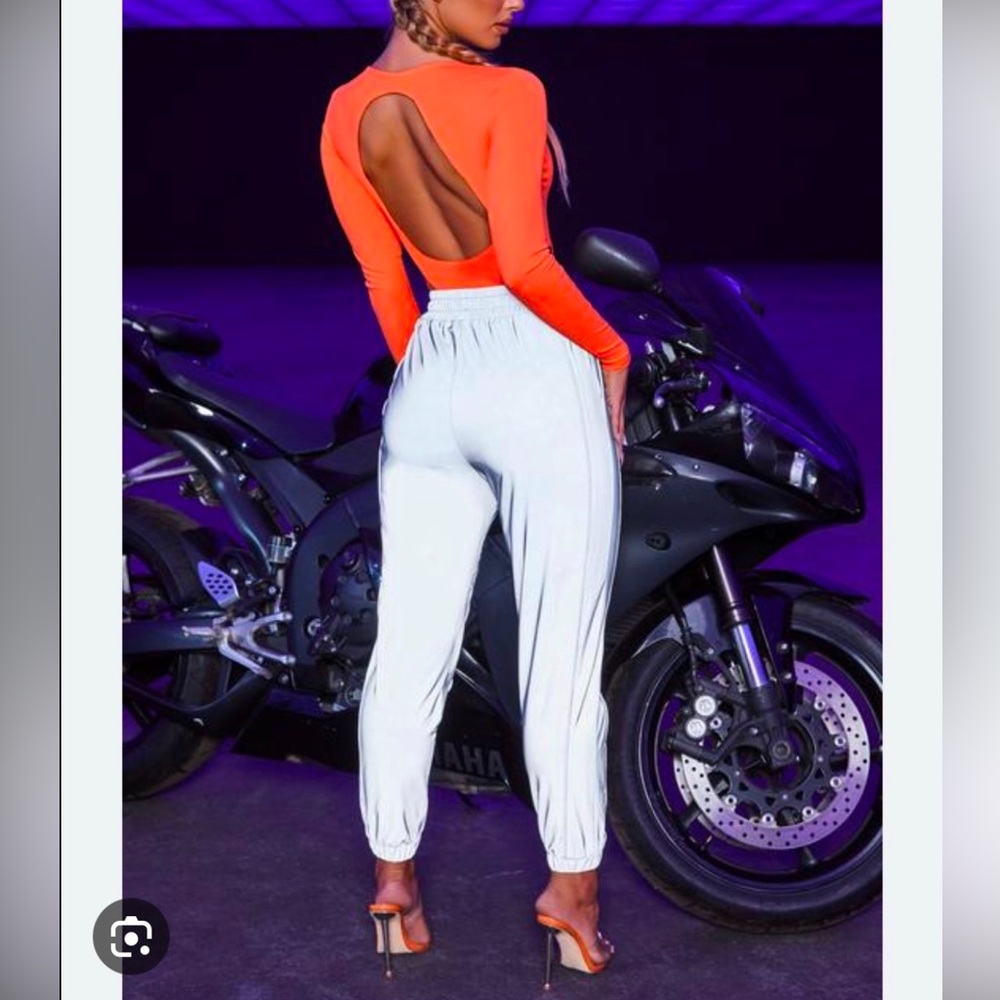 Oh polly High Cut Leg Orange Reflective Long Sleeve Bodysuit - Picture 2 of 13